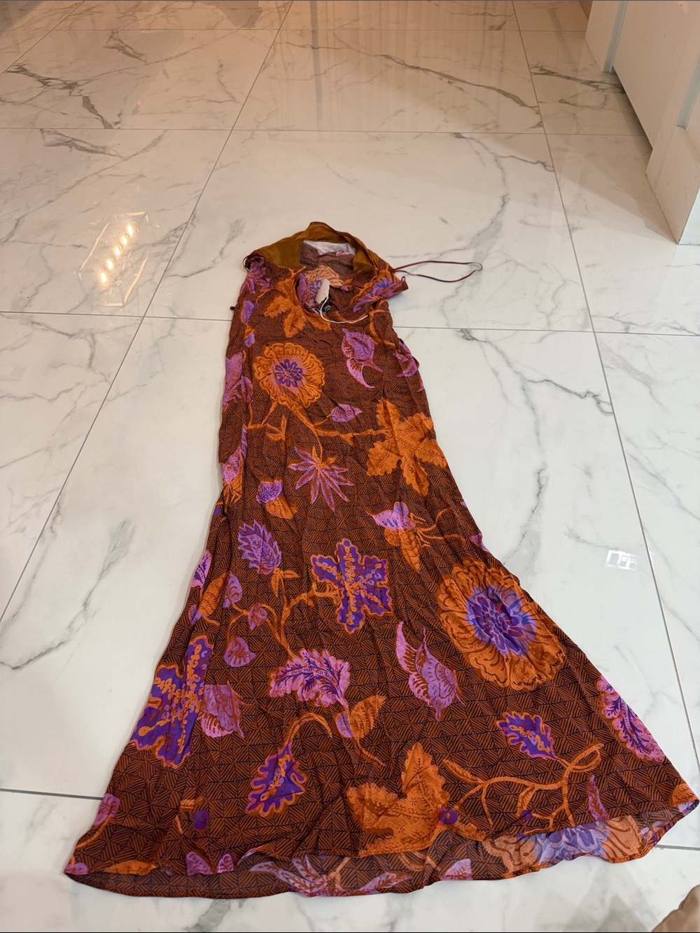 RHODE Brown Maxi Dress with Orange & Purple Floral Print @@@ - Picture 2 of 4